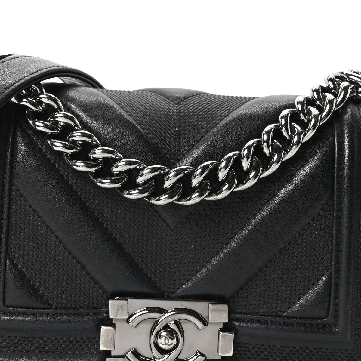 Calfskin Perforated Chevron Quilted Small Boy Flap Black