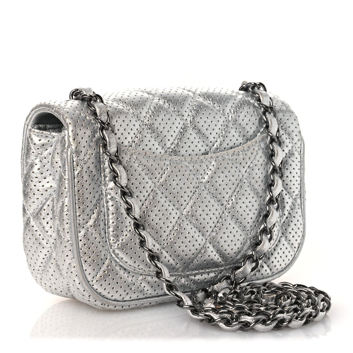 Metallic Lambskin Perforated Mini Rectangular Flap Silver