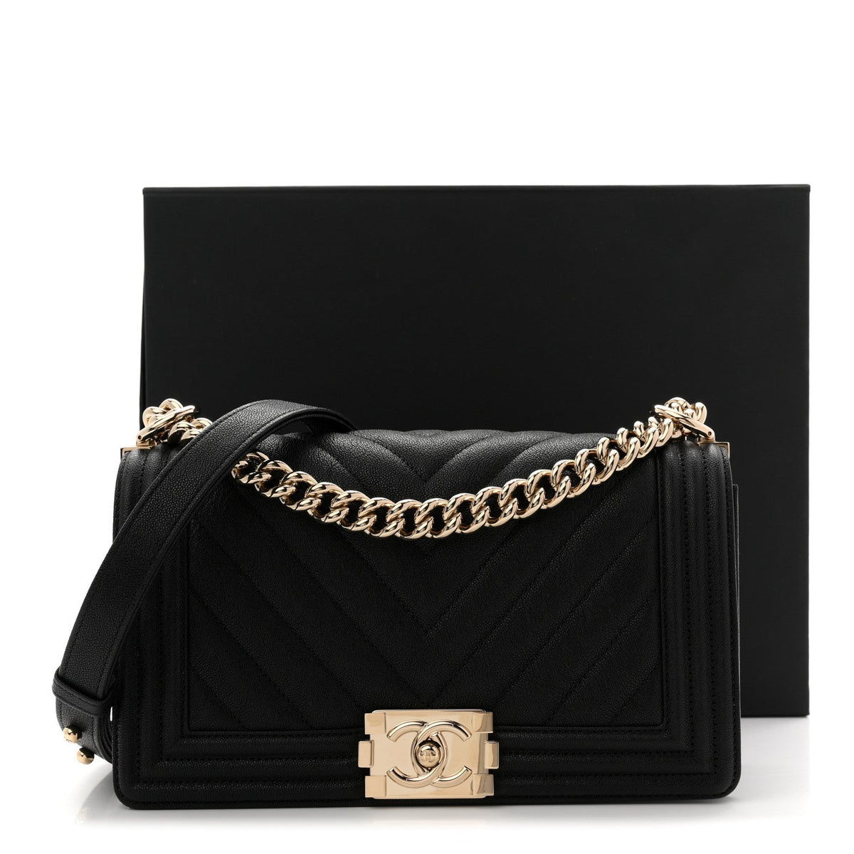 Caviar Chevron Quilted Medium Boy Flap Black