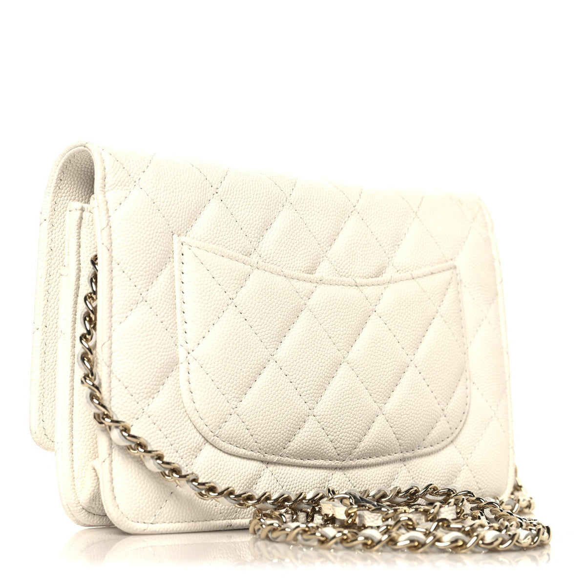 Shiny Caviar Quilted Flap Charm Wallet On Chain WOC White