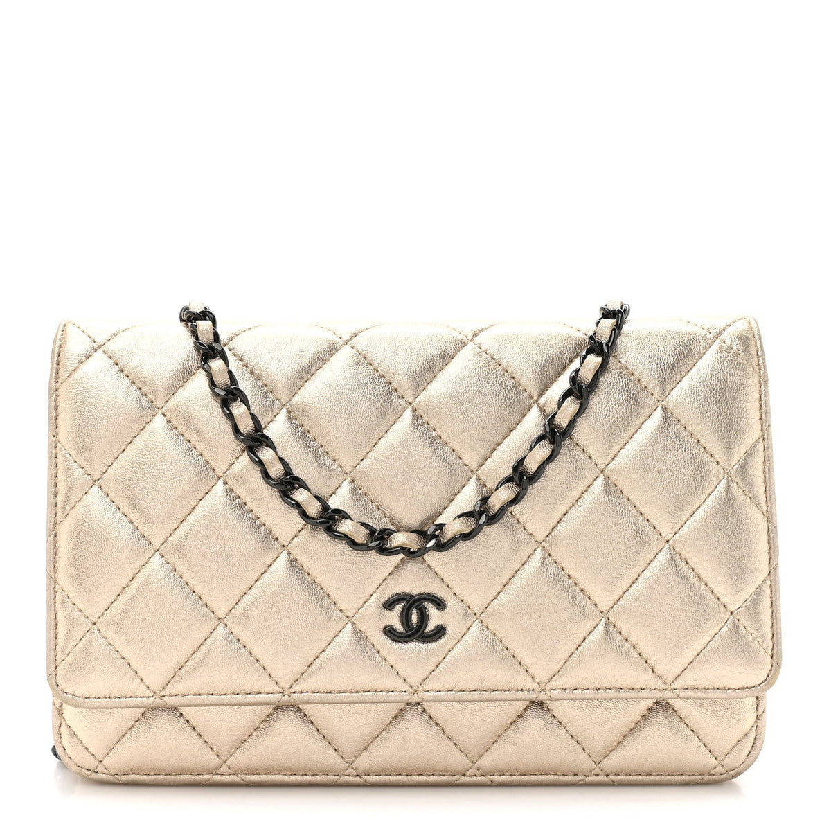 Metallic Lambskin Quilted Wallet On Chain WOC Gold Black