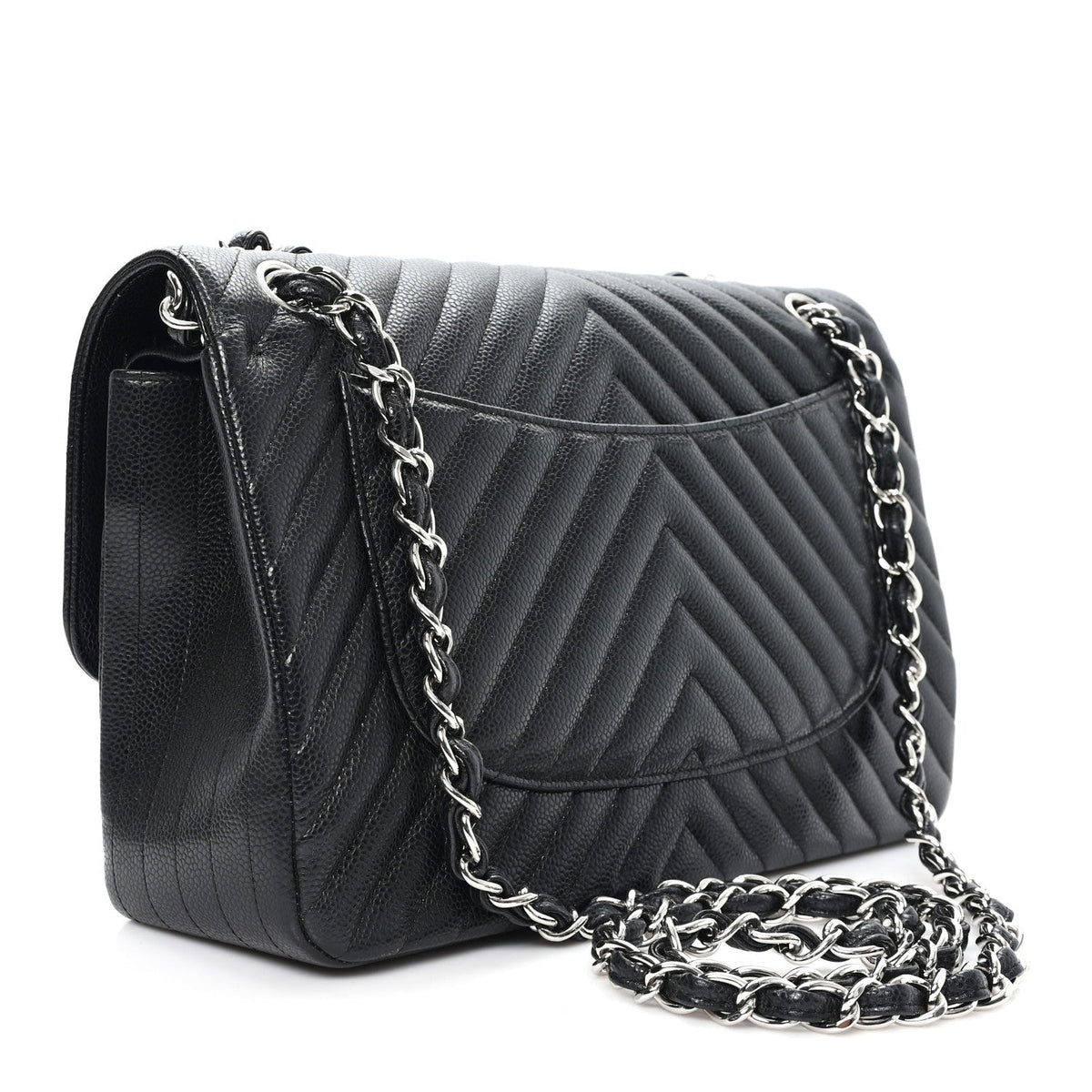 Caviar Chevron Quilted Jumbo Double Flap Black