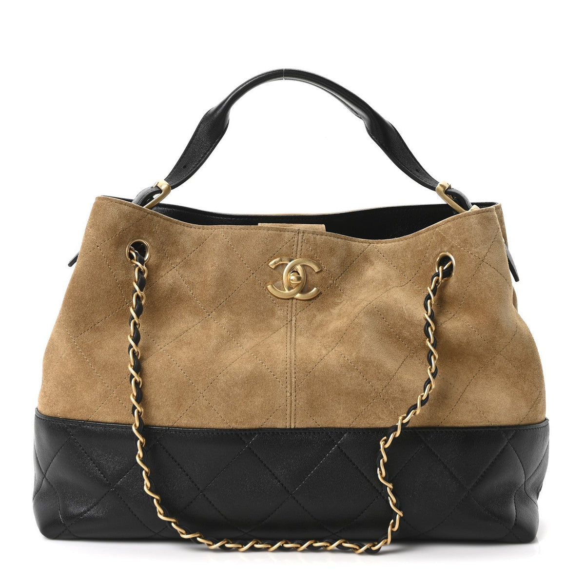Suede Calfskin Shiny Lambskin Quilted Small Coco Base Shopping Bag Beige Black