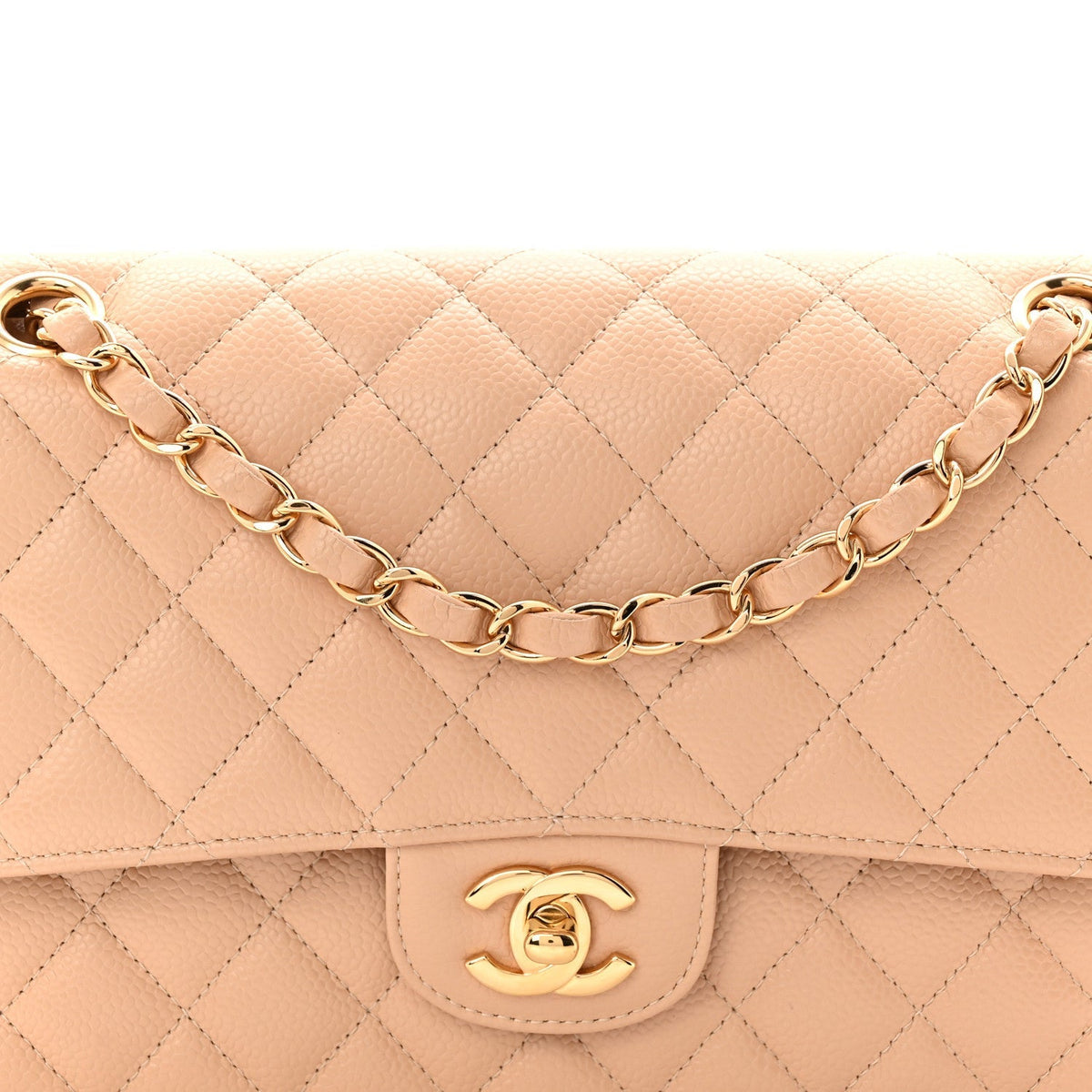 Caviar Quilted Medium Double Flap Beige