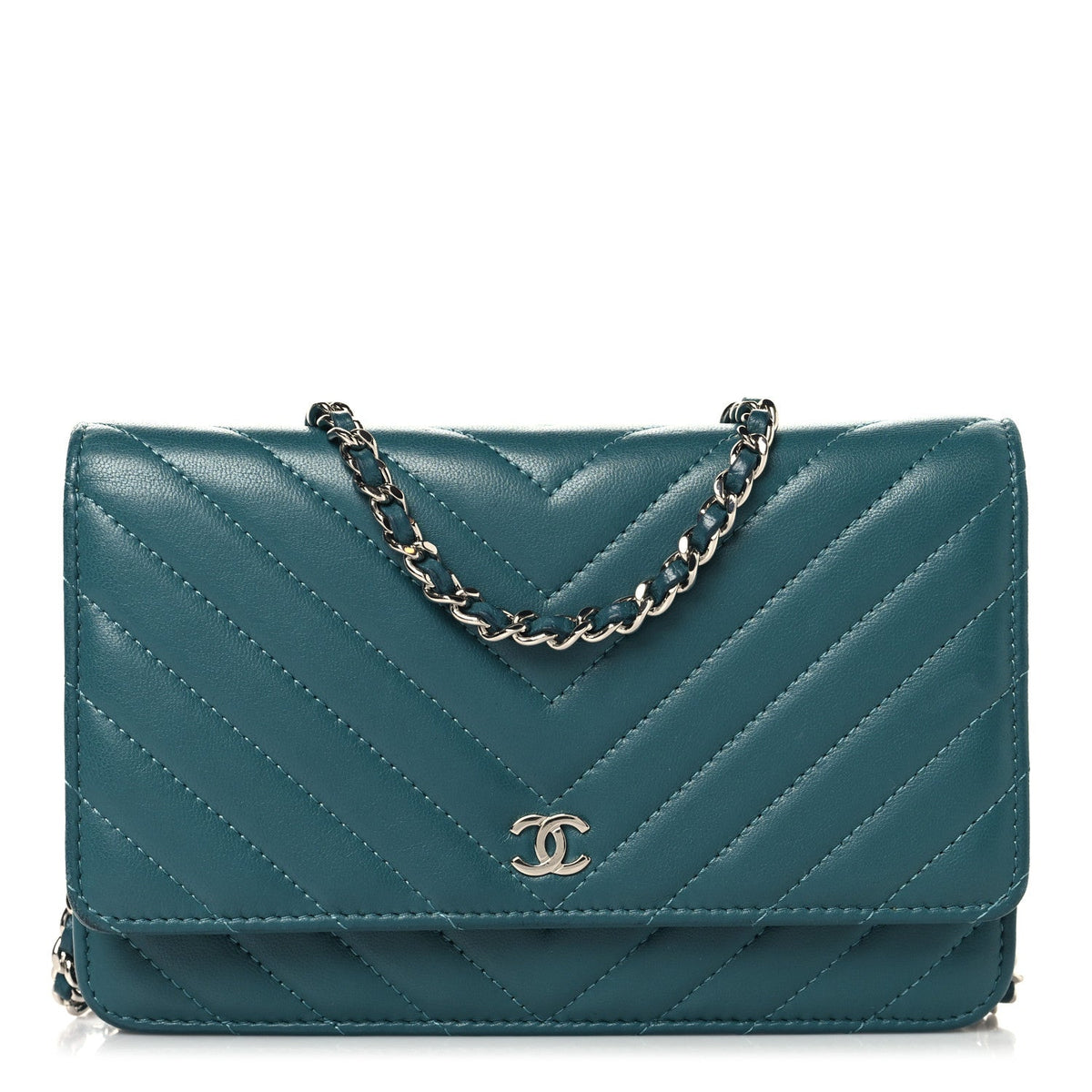 Lambskin Chevron Quilted Wallet On Chain WOC Turquoise