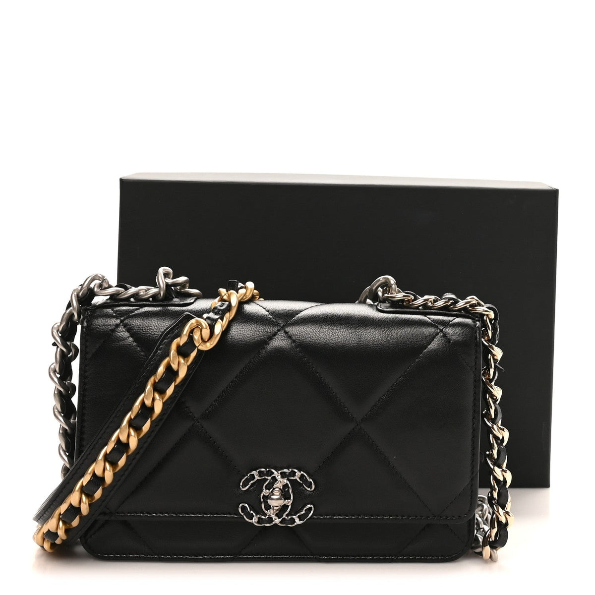 Lambskin Quilted Chanel 19 Wallet On Chain WOC Black