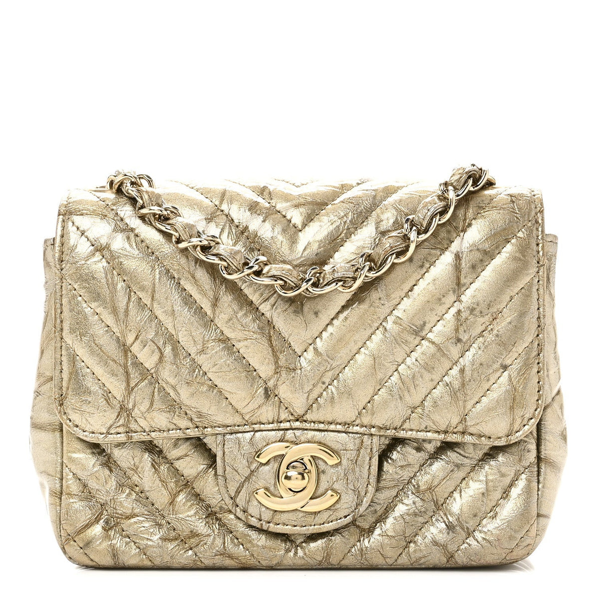Patent Metallic Crumpled Calfskin Chevron Quilted Mini Square Flap Gold