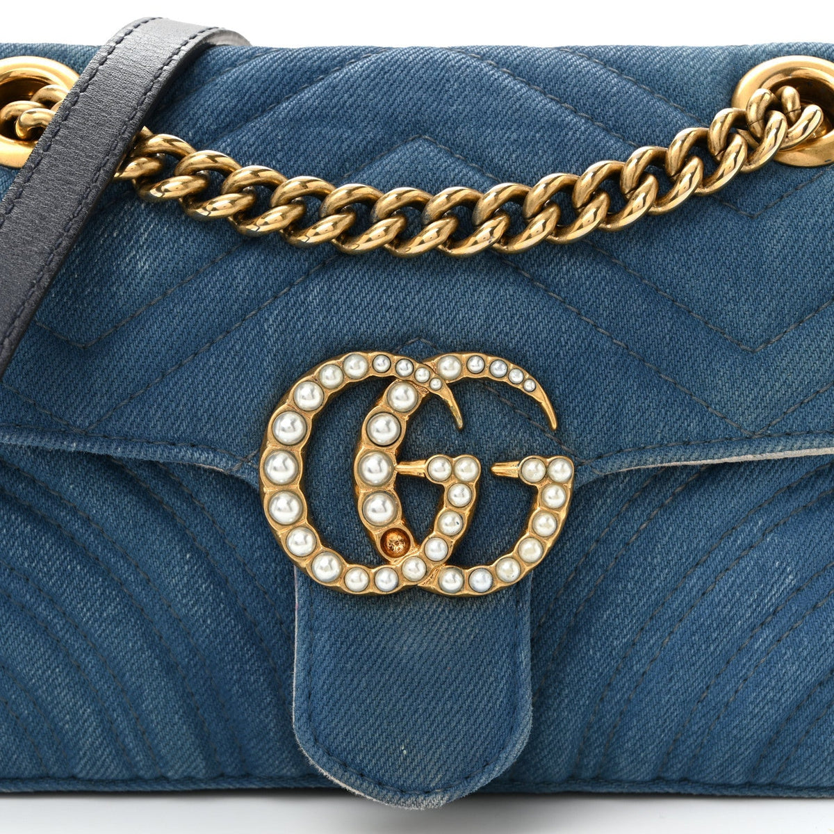 Denim Matelasse Mini Pearly GG Marmont Shoulder Bag Blue