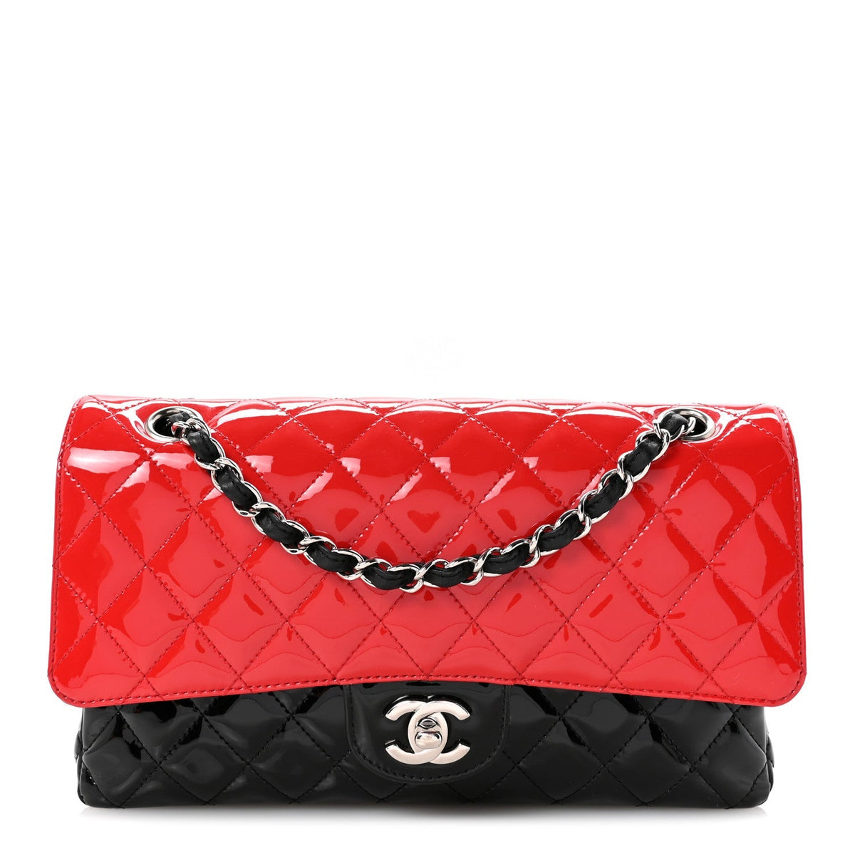 Patent Calfskin Quilted Bi-Color Medium Double Flap Black Red