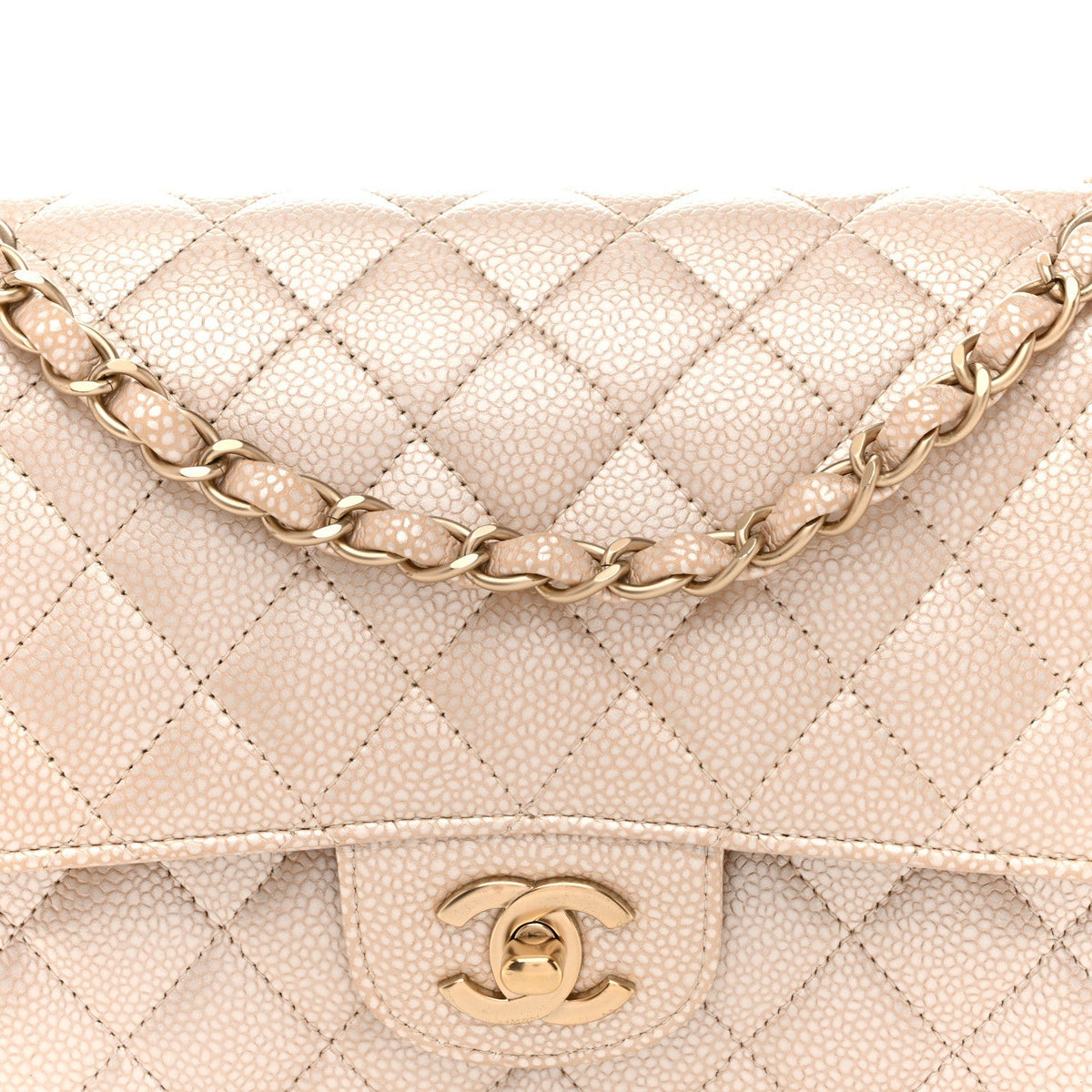 Pearly Caviar Quilted Medium Double Flap Light Beige