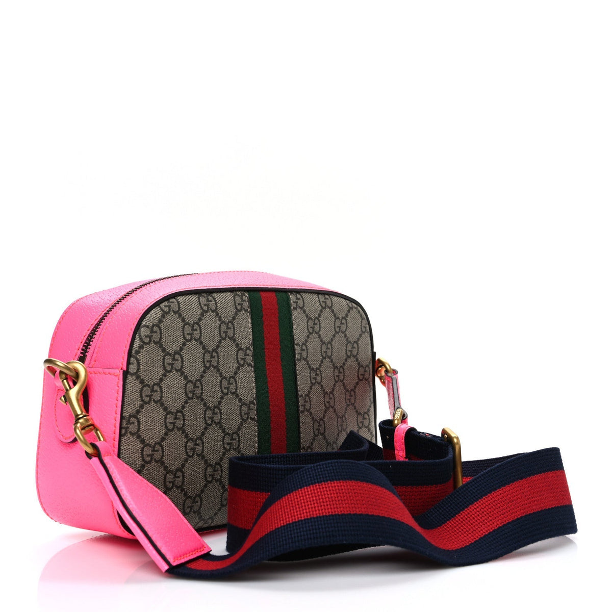 GG Supreme Monogram Textured Dollar Calfskin Web Ophidia Small Crossbody Bag Beige Ebony Fuchsia