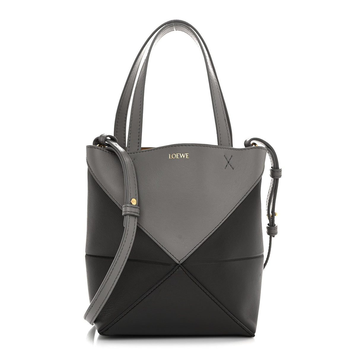 Shiny Calfskin Mini Puzzle Fold Tote Pearl Grey Dark Grey