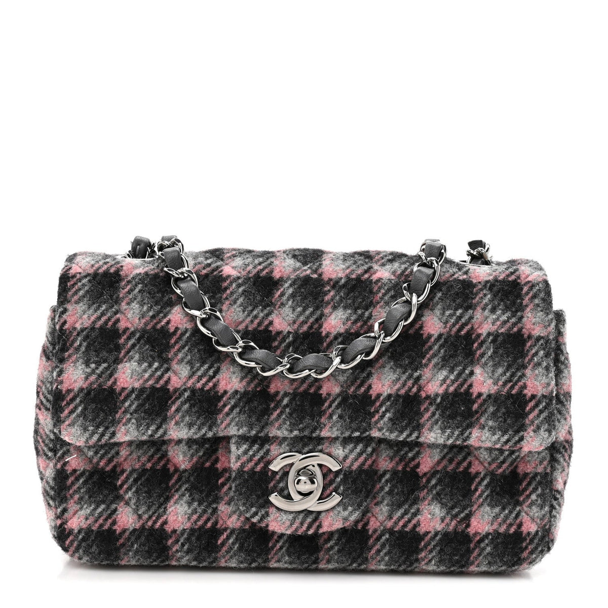 Wool Plaid Quilted Mini Rectangular Flap Pink Grey Multicolor