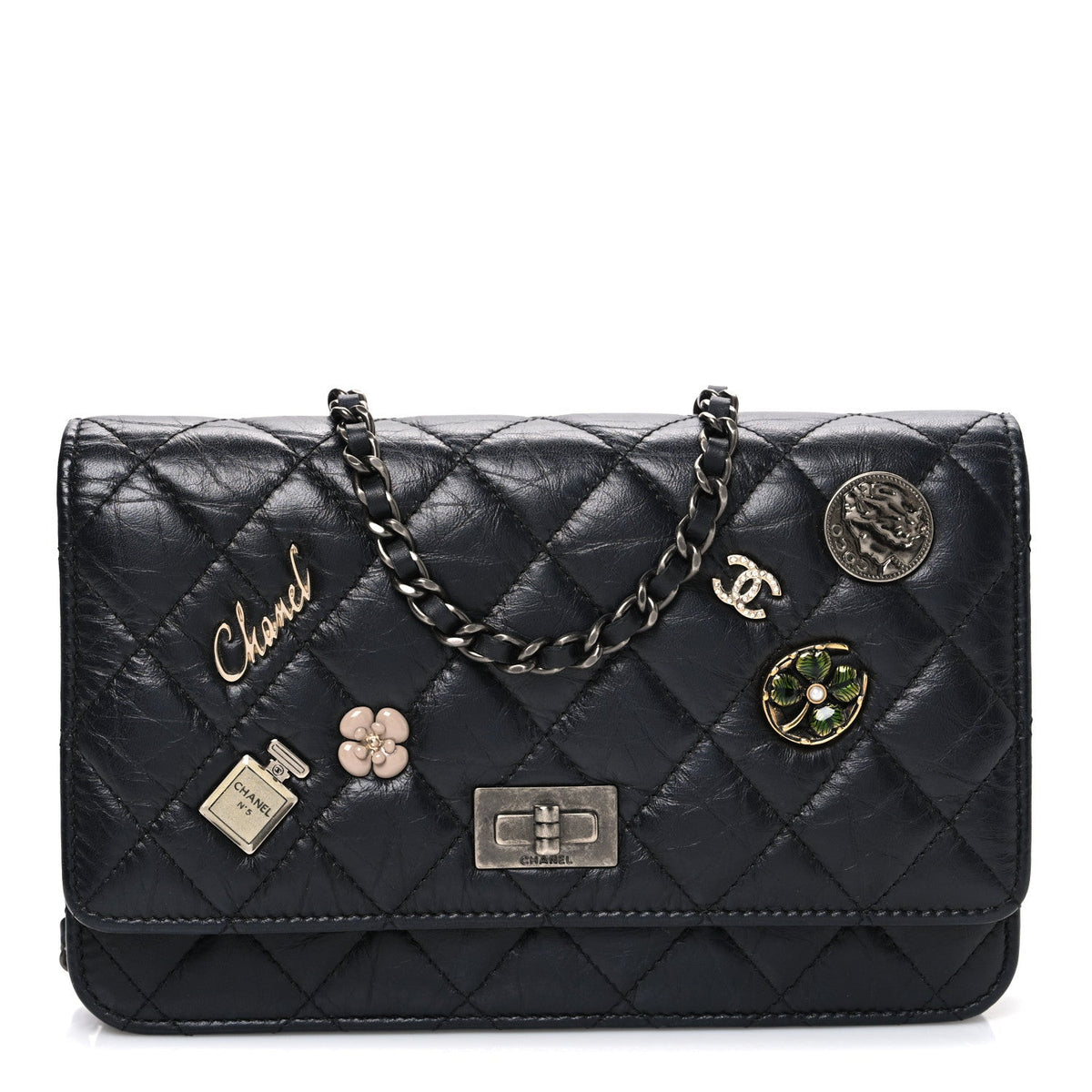 Aged Calfskin Quilted Lucky Charms 2.55 Reissue Wallet On Chain WOC Black