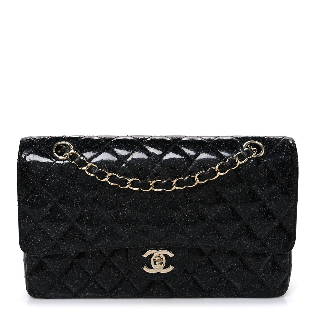 Patent Quilted Sparkle Glitter Medium Double Flap Black