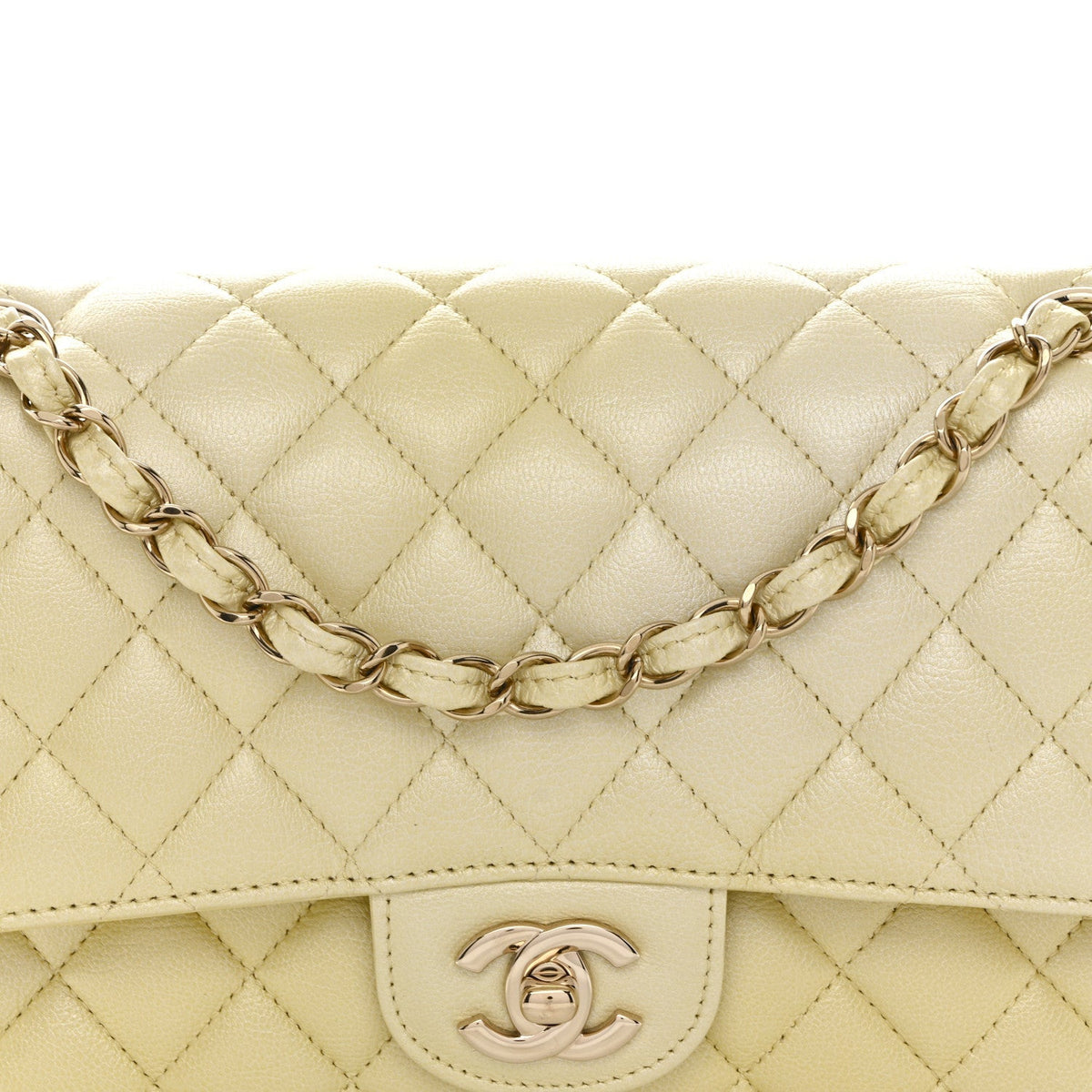 Cloudy Pearly Goatskin Quilted Medium Double Flap Light Yellow