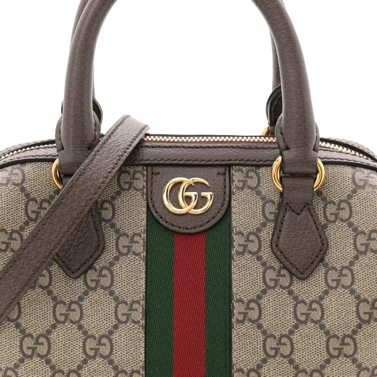 GG Supreme Monogram Textured Dollar Calfskin Web Mini Ophidia Top Handle Bag Beige Ebony New Acero