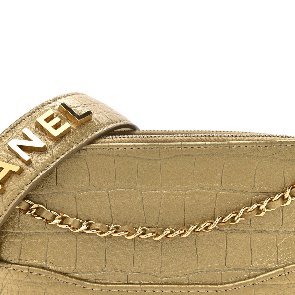 Metallic Calfskin Crocodile Embossed Small Gabrielle Clutch With Chain Gold